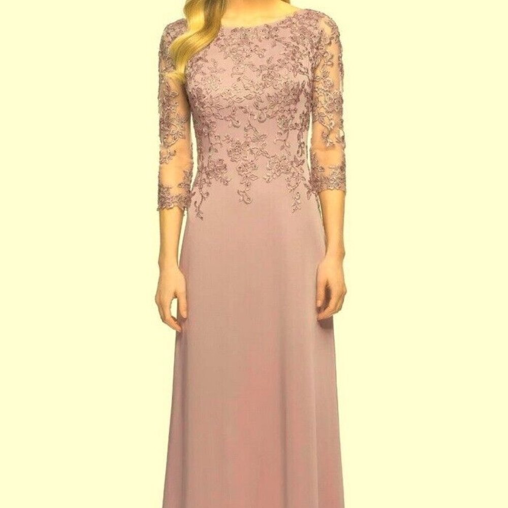 La Femme Dusty Mauve Sparkle Floral Embroidered Illusion Gown